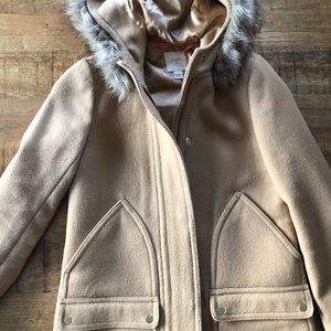 Jcrew tan wool coat with fur hood size 0